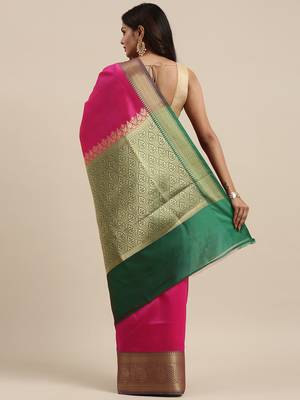Pink woven katan silk saree with blouse 4