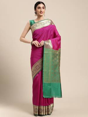 Magenta woven katan silk saree with blouse 2