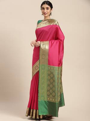 Pink woven katan silk saree with blouse 1
