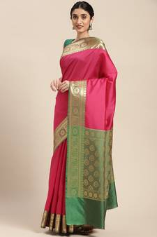 Pink woven katan silk saree with blouse