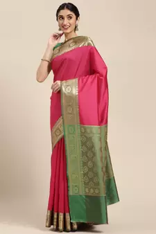 Pink woven katan silk saree with blouse
