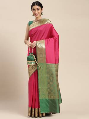 Pink woven katan silk saree with blouse 3