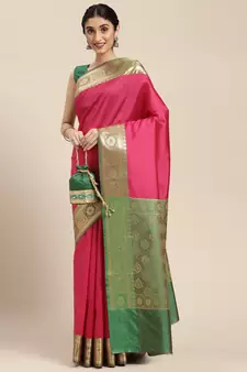 Pink woven katan silk saree with blouse