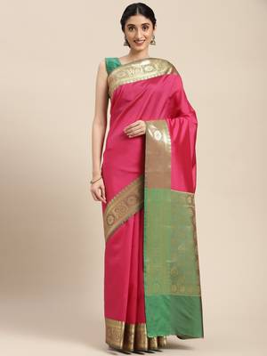 Pink woven katan silk saree with blouse 4