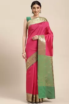 Pink woven katan silk saree with blouse