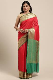 Red woven katan silk saree with blouse