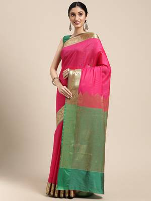 Pink woven katan silk saree with blouse 1