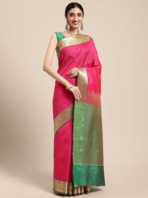 Pink woven katan silk saree with blouse 2