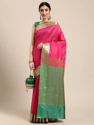 Pink woven katan silk saree with blouse 3