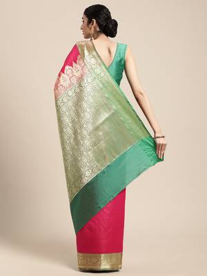 Pink woven katan silk saree with blouse 4