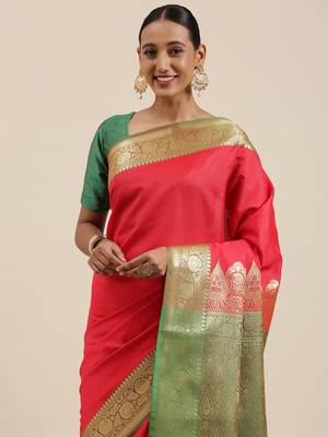 Red woven katan silk saree with blouse 1