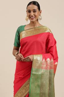 Red woven katan silk saree with blouse