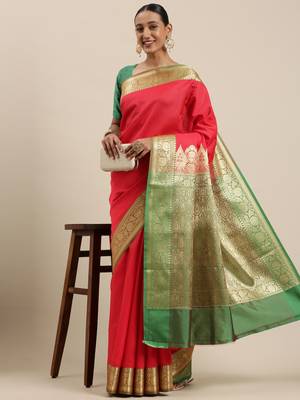 Red woven katan silk saree with blouse 2