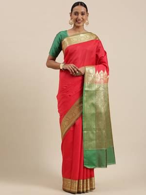 Red woven katan silk saree with blouse 3