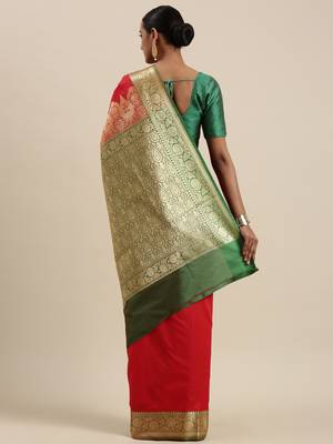 Red woven katan silk saree with blouse 4