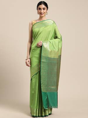 Green woven katan silk saree with blouse 1
