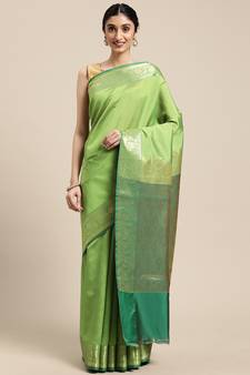 Green woven katan silk saree with blouse