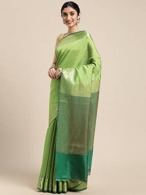 Green woven katan silk saree with blouse 2