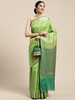 Green woven katan silk saree with blouse 3