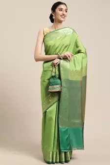 Green woven katan silk saree with blouse