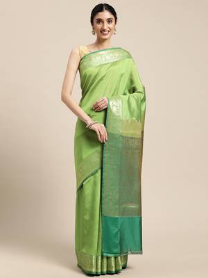 Green woven katan silk saree with blouse 4