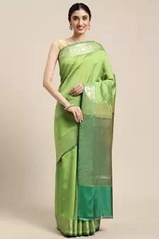 Green woven katan silk saree with blouse