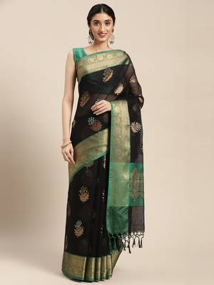 Black woven cotton silk saree with blouse 1