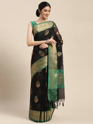Black woven cotton silk saree with blouse 2