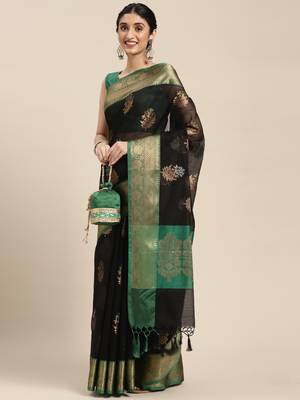 Black woven cotton silk saree with blouse 3