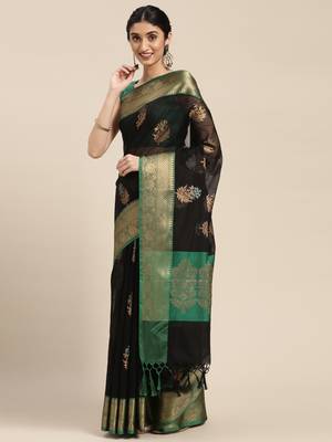 Black woven cotton silk saree with blouse 4