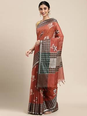 Rust woven cotton silk saree with blouse 1