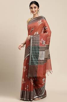 Rust woven cotton silk saree with blouse
