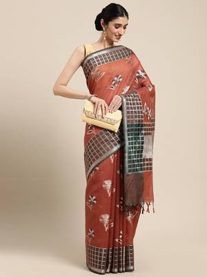 Rust woven cotton silk saree with blouse 2