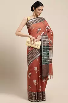 Rust woven cotton silk saree with blouse