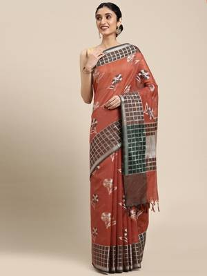 Rust woven cotton silk saree with blouse 3