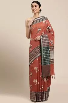 Rust woven cotton silk saree with blouse