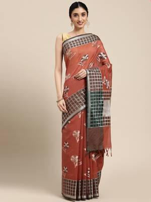 Rust woven cotton silk saree with blouse 4