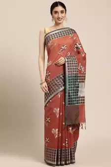 Rust woven cotton silk saree with blouse