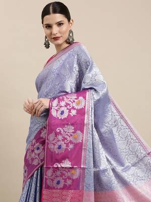 Blue woven kanchipuram silk blend saree with blouse 1