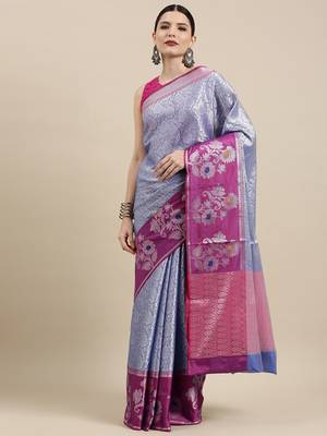 Blue woven kanchipuram silk blend saree with blouse 2