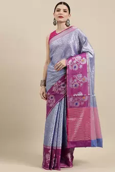 Blue woven kanchipuram silk blend saree with blouse