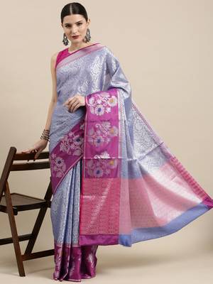 Blue woven kanchipuram silk blend saree with blouse 3