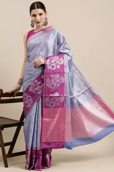 Blue woven kanchipuram silk blend saree with blouse