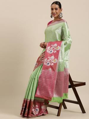 Green woven kanchipuram silk blend saree with blouse 2