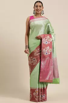 Green woven kanchipuram silk blend saree with blouse