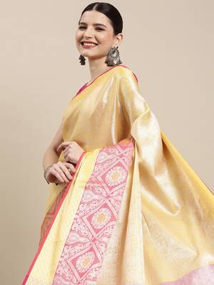 Gold woven Faux kanchipuram silk saree with blouse 1