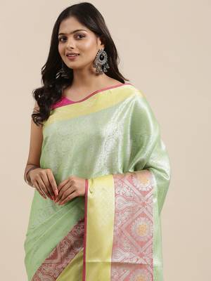 Green woven Faux kanchipuram silk saree with blouse 1