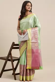 Green woven Faux kanchipuram silk saree with blouse