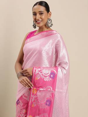 Pink woven Faux kanchipuram silk saree with blouse 1
