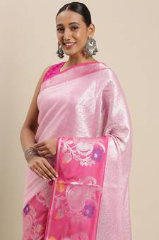 Pink woven Faux kanchipuram silk saree with blouse